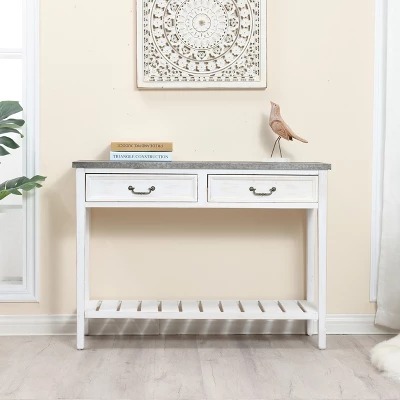 LuxenHome Farmhouse Distressed White Wood Console Table With Storage