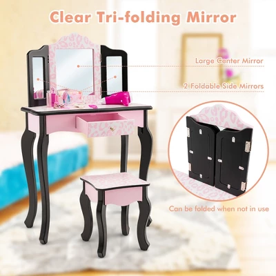 Costway Kid Vanity Set Wooden Makeup Table Stool Tri-Folding Mirror Leopard Print Pink - Image 7