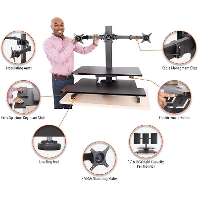 Techtonic Electric 3 Arm Monitor Mount Standing Desk - Sit To Stand Desk Converter With Keyboard Tray β Black β Stand Steady - Image 3