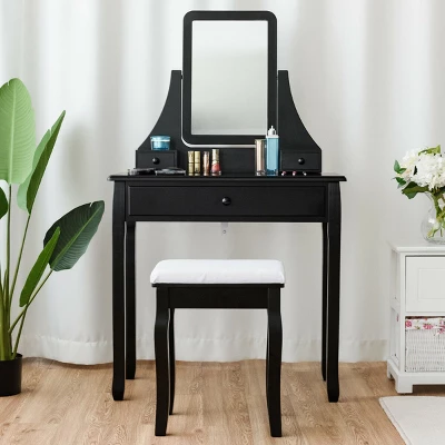 Costway Square Mirror Dressing Table Set Makeup Vanity For Bedroom, Living Room White/Black - Image 3