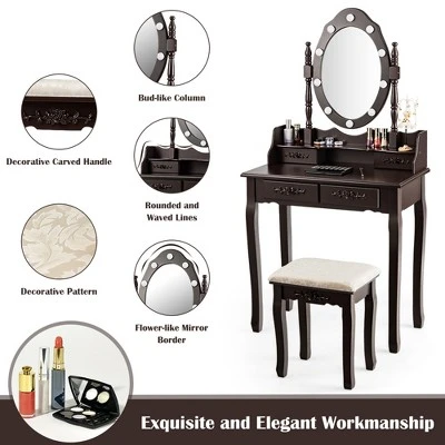 Costway Makeup Vanity Dressing Table Set W/10 Dimmable Bulbs Cushioned Stool - Image 9