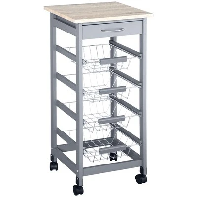 HOMCOM 32.25" Wooden Rolling Kitchen Storage Cart, Kitchen Island With Storage Drawer And Baskets On 360° Swivel Wheels - Image 8