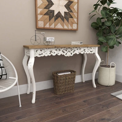 Wood Parisian Design Floral Ornate Detailing Console Table White - Olivia & May - Image 4