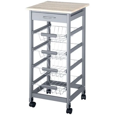 HOMCOM 32.25" Wooden Rolling Kitchen Storage Cart, Kitchen Island With Storage Drawer And Baskets On 360° Swivel Wheels - Image 3