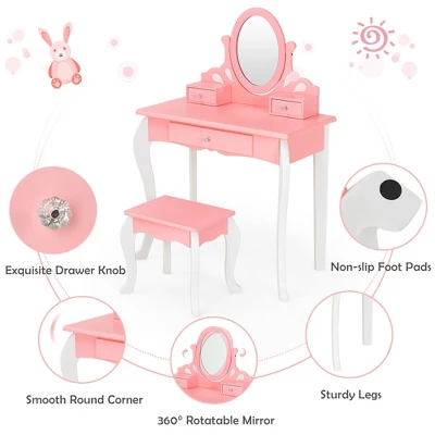 Costway Kids Vanity Princess Makeup Dressing Table Stool Set W/ Mirror Drawer - Image 8