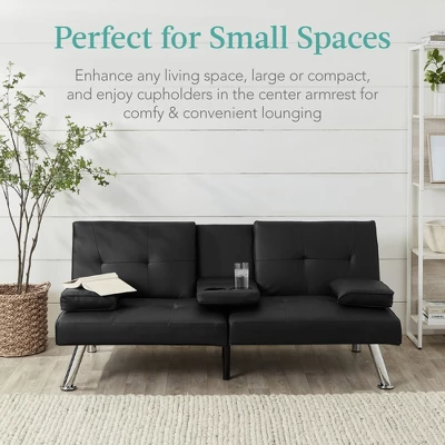 Best Choice Products Modern Faux Leather Convertible Futon Sofa W/ Removable Armrests, Metal Legs, 2 Cupholders - Image 5