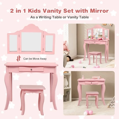 Costway Kids Vanity Table & Stool Princess Dressing Make Up Play Set For Girls Pink - Image 3