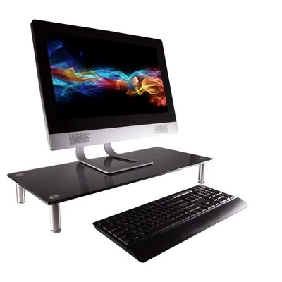 Monoprice Medium Multimedia Desktop Stand, Black Glass 25.6" X 11.0" - Stand & Riser, Desktop TV Stand, Dual Monitors W/ Height Adjustable Legs