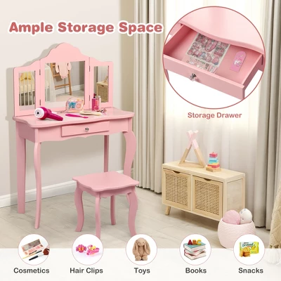 Costway Kids Vanity Table & Stool Princess Dressing Make Up Play Set For Girls Pink - Image 2