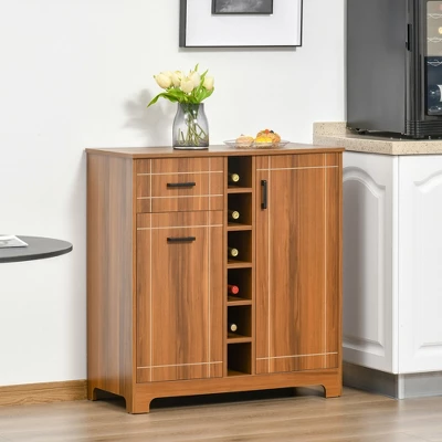 HOMCOM Retro Wine Cabinet For 6 Bottles, Wine Rack Sideboard Serving Bar With Glass Holders And 1 Drawer, Brown