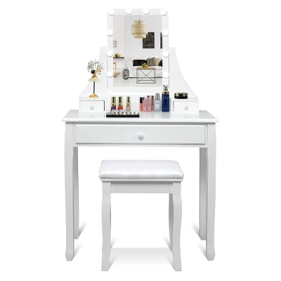 Tangkula Make-Up Vanity Table Dresser Set W/LED Light & Padded Stool - Image 7