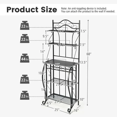 Costway 5-Tier Metal Kitchen Bakers Rack Microwave Storage Rack Oven Stand With Wine Organizer - Image 3