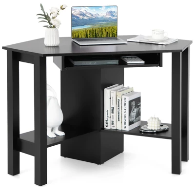 Costway Wooden Corner Desk With Drawer Computer PC Table Study Office Room Black - Image 9