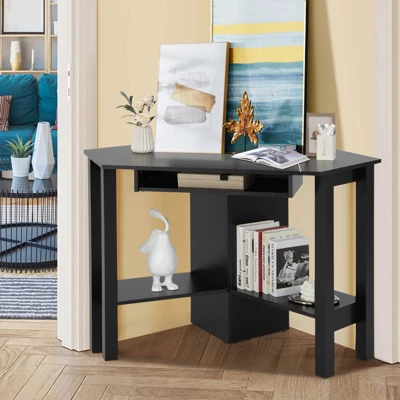 Costway Wooden Corner Desk With Drawer Computer PC Table Study Office Room Black - Image 4