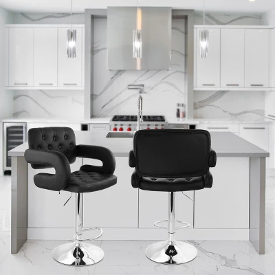 Elama Faux Leather Tufted Bar Stool In Black With Chrome Base And Adjustable Height - Image 10