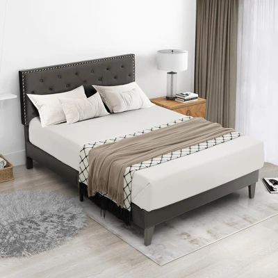 Costway Bed Frame Upholstered Platform Bed With Tufted Headboard Mattress Foundation - Image 3