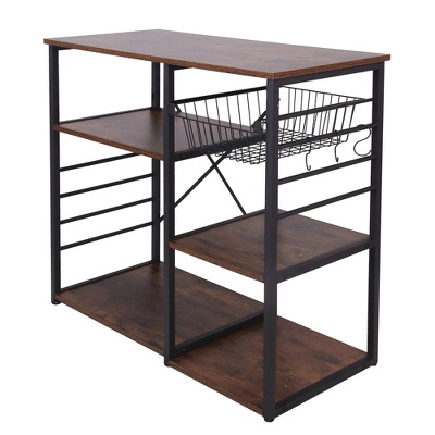 Wood And Metal Bakers Rack With 4 Shelves And Wire Basket Brown/Black - Benzara - Image 2