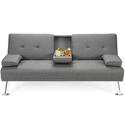Costway Convertible Folding Futon Sofa Bed Fabric W/2 Cup Holders Light Gray/Dark Gray - Image 10