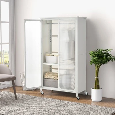 Costway Storage Wardrobe Cabinet Mobile Armoire Closet With Hanging Rod & Adjustable Shelf - Image 3