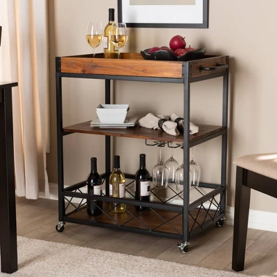 Capri Oak And Finished Mobile Metal Bar Cart With Stemware Rack Brown - Baxton Studio