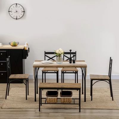 HOMCOM Industrial Dining Table Set For 6 People, 6 Piece Kitchen Table And Chairs Set, Dinner Table With Bench, Steel Frame And Storage Shelf