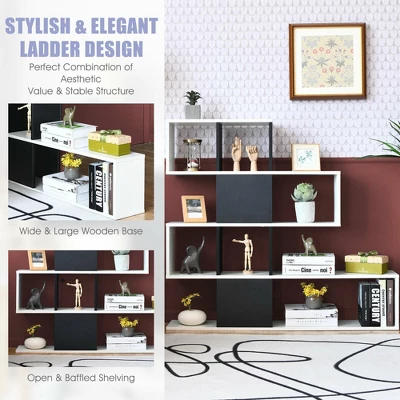 Costway 5-Tier Bookshelf Corner Ladder Bookcase Display Storage Rack Black White - Image 5