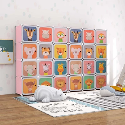 Costway 12-Cube Kids Wardrobe Baby Dresser Bedroom Armoire Clothes Hanging Closet With Door Blue/Pink