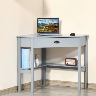 HOMCOM Corner Desk, Triangle Computer Desk With Drawer And Storage Shelves For Small Spaces, Home Office Workstation For Living Room, Or Bedroom, Gray