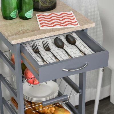 HOMCOM 32.25" Wooden Rolling Kitchen Storage Cart, Kitchen Island With Storage Drawer And Baskets On 360° Swivel Wheels - Image 6