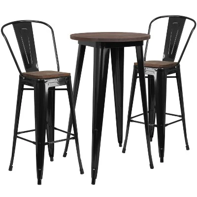 Flash Furniture 24" Round Metal Bar Table Set With Wood Top And 2 Stools