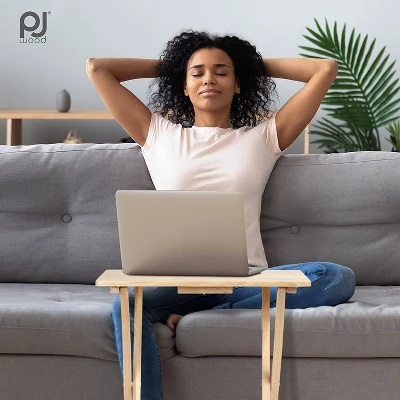 PJ Wood Rectangle Folding Portable TV Snack Serving Tray Table, Solid Wood Construction With Natural Finish, 2 Piece Set