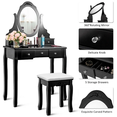 Costway Vanity Jewelry Wooden Makeup Dressing Table Set W/Stool Mirror & 5 Drawers Black - Image 6