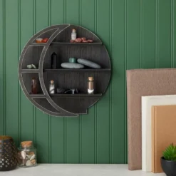 Farmlyn Creek Wooden Crescent Moon Wall Shelf, Rustic Wall Home Decor For Crystals & Essential Oils, Black, 12 X 12 X 3 In