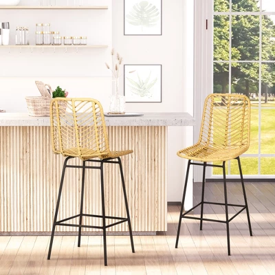 HOMCOM Modern Rattan Bar Stools Set Of 2, Breathable Steel-Base Wicker Counter Height Barstools For Kitchen Counter, Yellow - Image 2