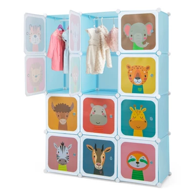 Costway 12-Cube Kids Wardrobe Baby Dresser Bedroom Armoire Clothes Hanging Closet With Door Blue/Pink - Image 10