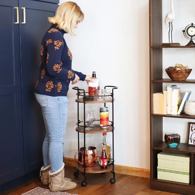 Sunnydaze Decor Sunnydaze Round Metal 3-Tier Bar Cart - Indoor Furniture With Wheels - Brown - 34.5” H - Image 9