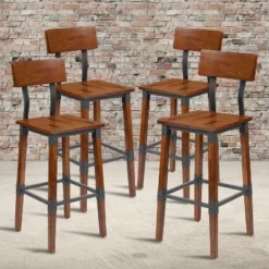 Emma And Oliver 4 Pack Commercial Grade Rustic Walnut Industrial Style Wood Dining Barstool