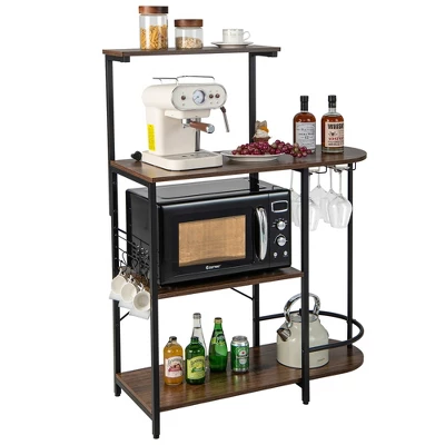 Costway Kitchen Bakers Rack Microwave Stand Coffee Bar W/ S-Hooks & Stemware Holder - Image 9