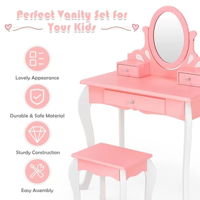 Costway Kids Vanity Princess Makeup Dressing Table Stool Set W/ Mirror Drawer - Image 7