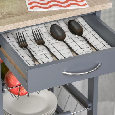 HOMCOM 32.25" Wooden Rolling Kitchen Storage Cart, Kitchen Island With Storage Drawer And Baskets On 360° Swivel Wheels - Image 5