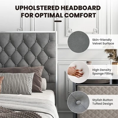 Costway Upholstered Bed Mattress Foundation With Button Tufted Velvet Headboard - Image 6