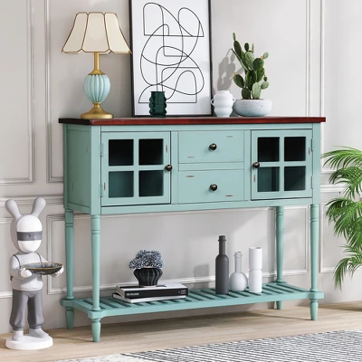 Farmhouse Double Door Console Table With Bottom Shelf And Drawers-ModernLuxe - Image 9