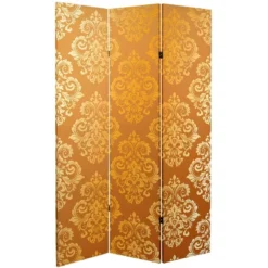 6" Double Sided Baroque Wallpaper Canvas Room Divider Gold - Oriental Furniture