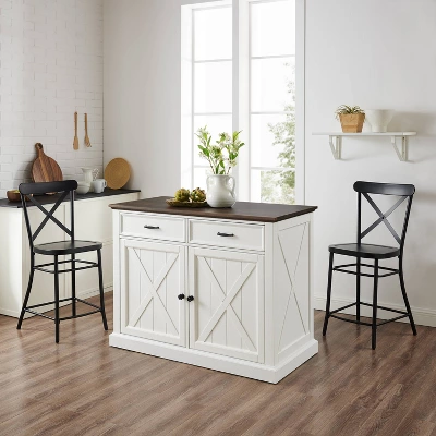 Clifton Kitchen Island With Camille Stools Distressed White/Black - Crosley