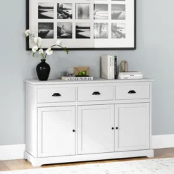 Costway 3 Drawers Sideboard Buffet Cabinet Console Table Kitchen Storage Cupboard White