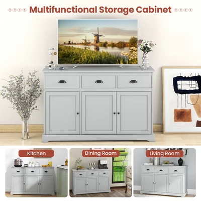 Costway 3 Drawers Sideboard Buffet Cabinet Console Table Kitchen Storage Cupboard Gray - Image 8