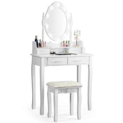 Costway Makeup Vanity Dressing Table Set W/10 Dimmable Bulbs Cushioned Stool - Image 11