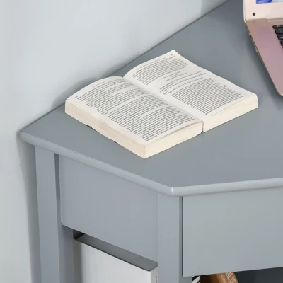 HOMCOM Corner Desk, Triangle Computer Desk With Drawer And Storage Shelves For Small Spaces, Home Office Workstation For Living Room, Or Bedroom, Gray - Image 4