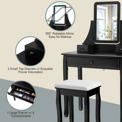 Costway Square Mirror Dressing Table Set Makeup Vanity For Bedroom, Living Room White/Black - Image 7