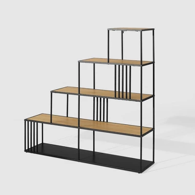 55.5" Modern 4 Shelf With Metal Bar Room Divider Bookcase Coastal Oak/Black - Saracina Home - Image 5